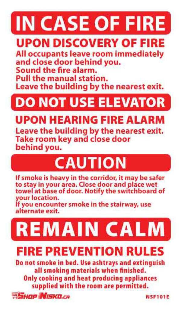 Hotel/Apt Sticker, Elv, Ext. Caut. Fire Rules